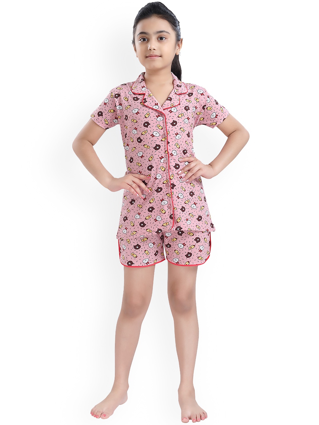

9shines Label Girls Peach-Coloured & White Printed Night suit