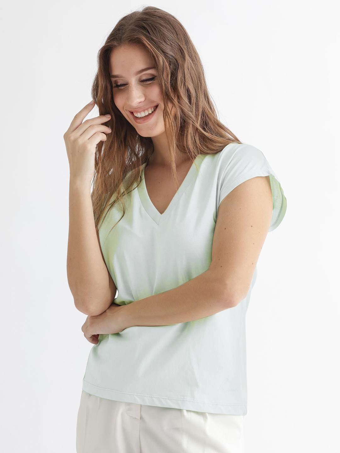 

RAREISM Women Green & light silver V-Neck Extended Sleeves Cotton T-shirt