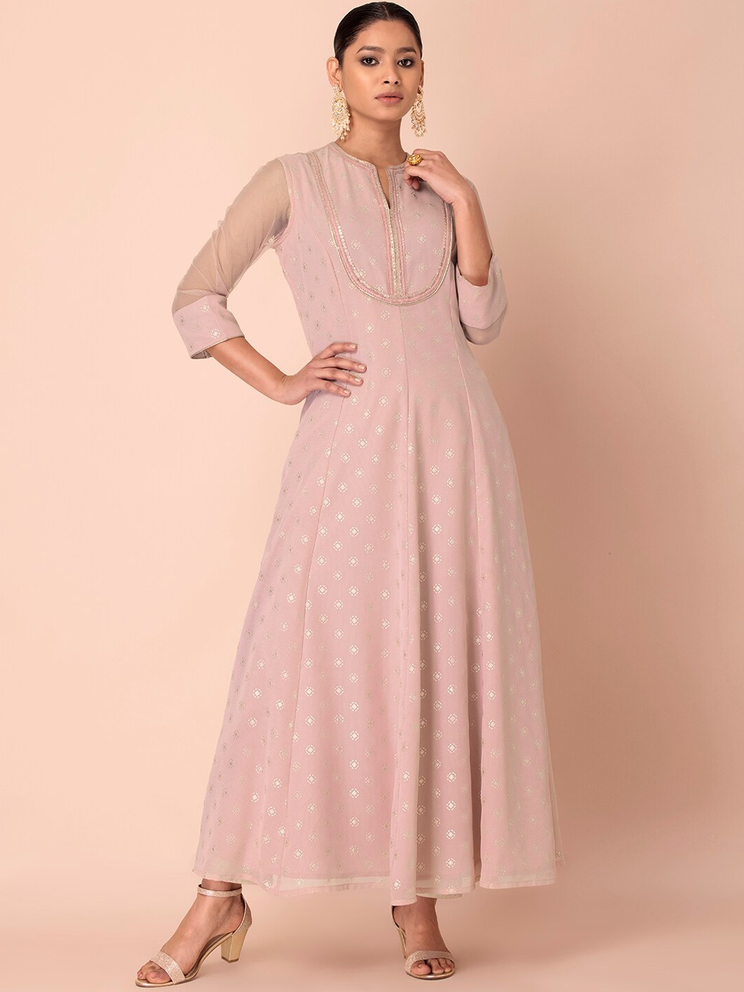 

INDYA Women Pink Ethnic Motifs Thread Work Georgette Cut Out Back Anarkali Kurta
