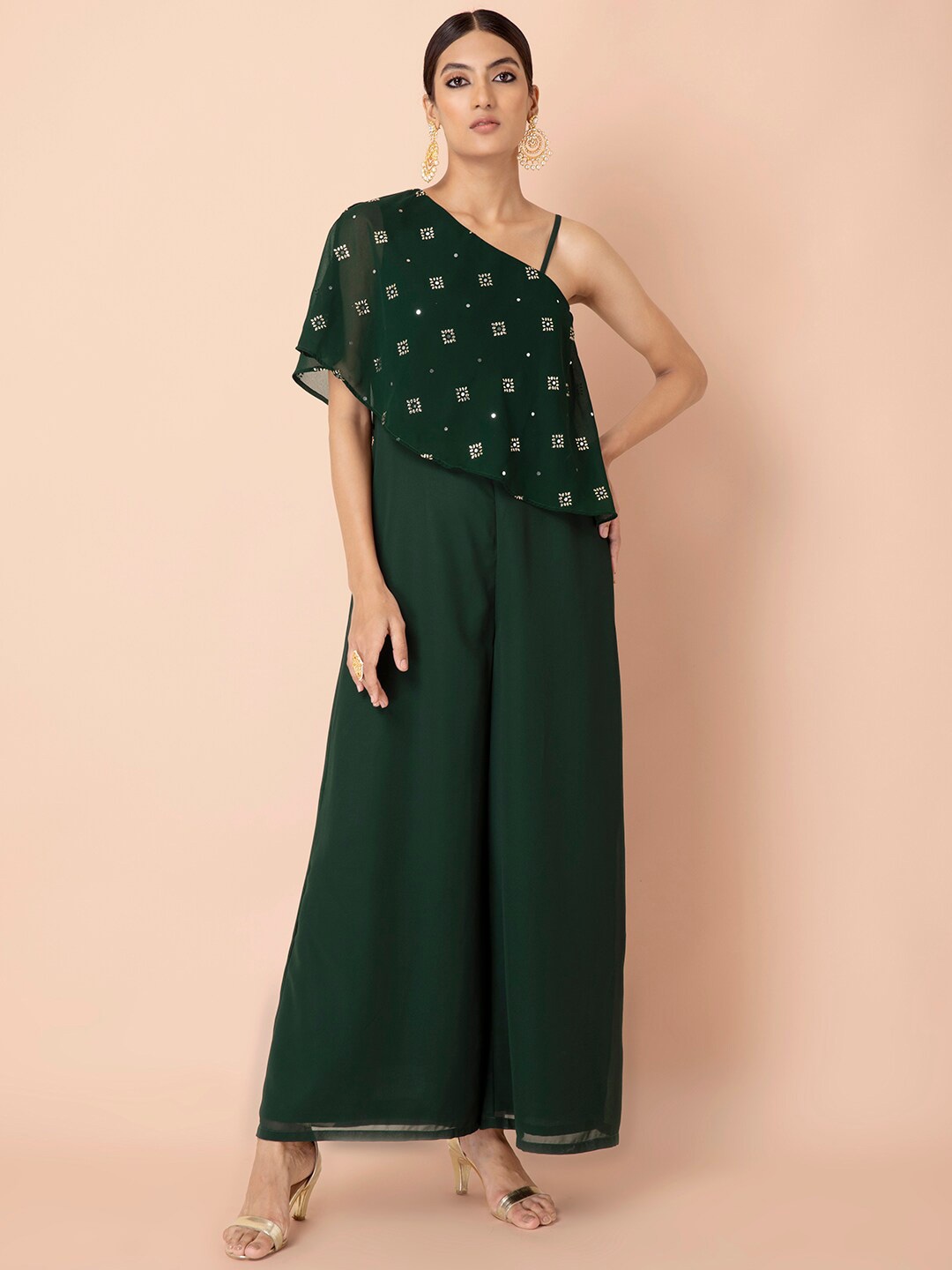 

INDYA Green & Gold-Toned Foil One Shoulder Printed Strappy Jumpsuit