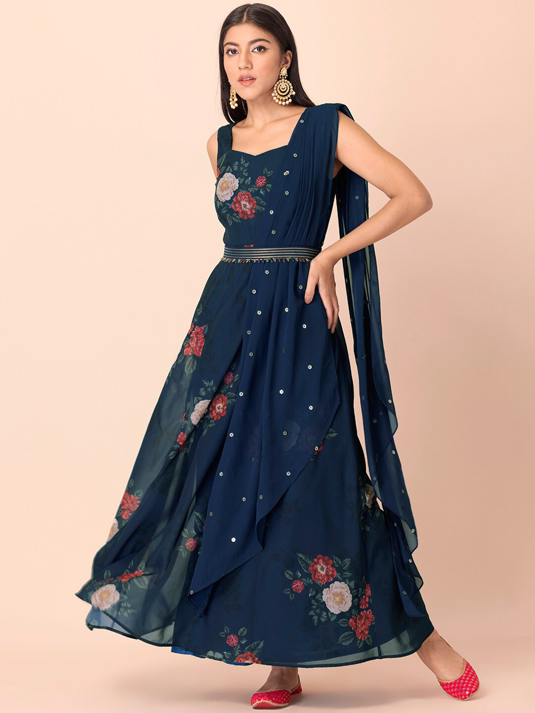 

INDYA Women Blue & Red Floral Printed Georgette Anarkali Kurta with Attached Dupatta