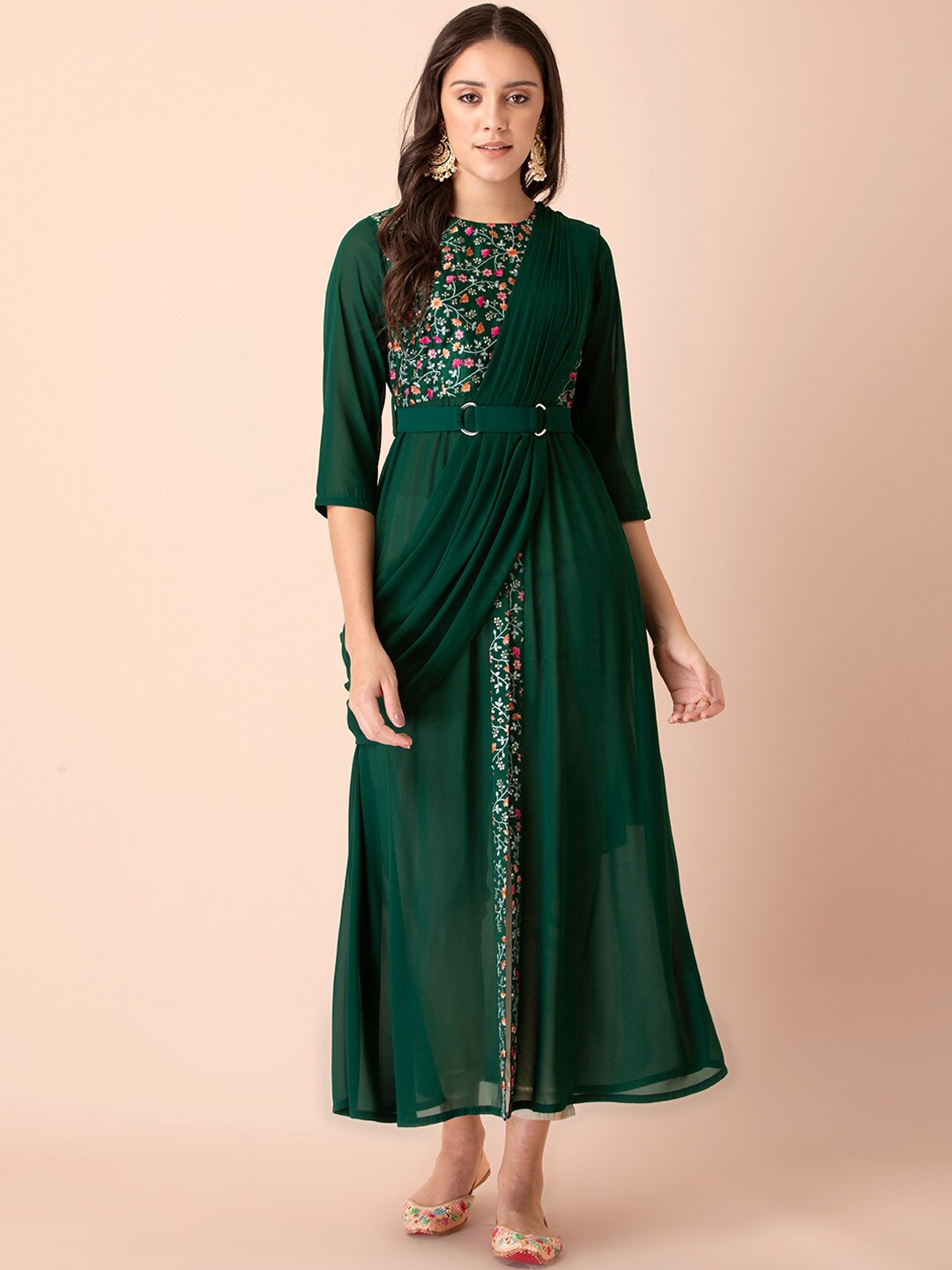 

INDYA Women Green Floral Embroidered Georgette High Slit Kurta with Attached Dupatta