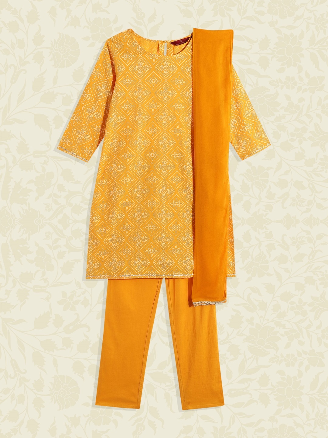 

House of Pataudi Girls Yellow Printed Pure Cotton Jashn Kurta Set