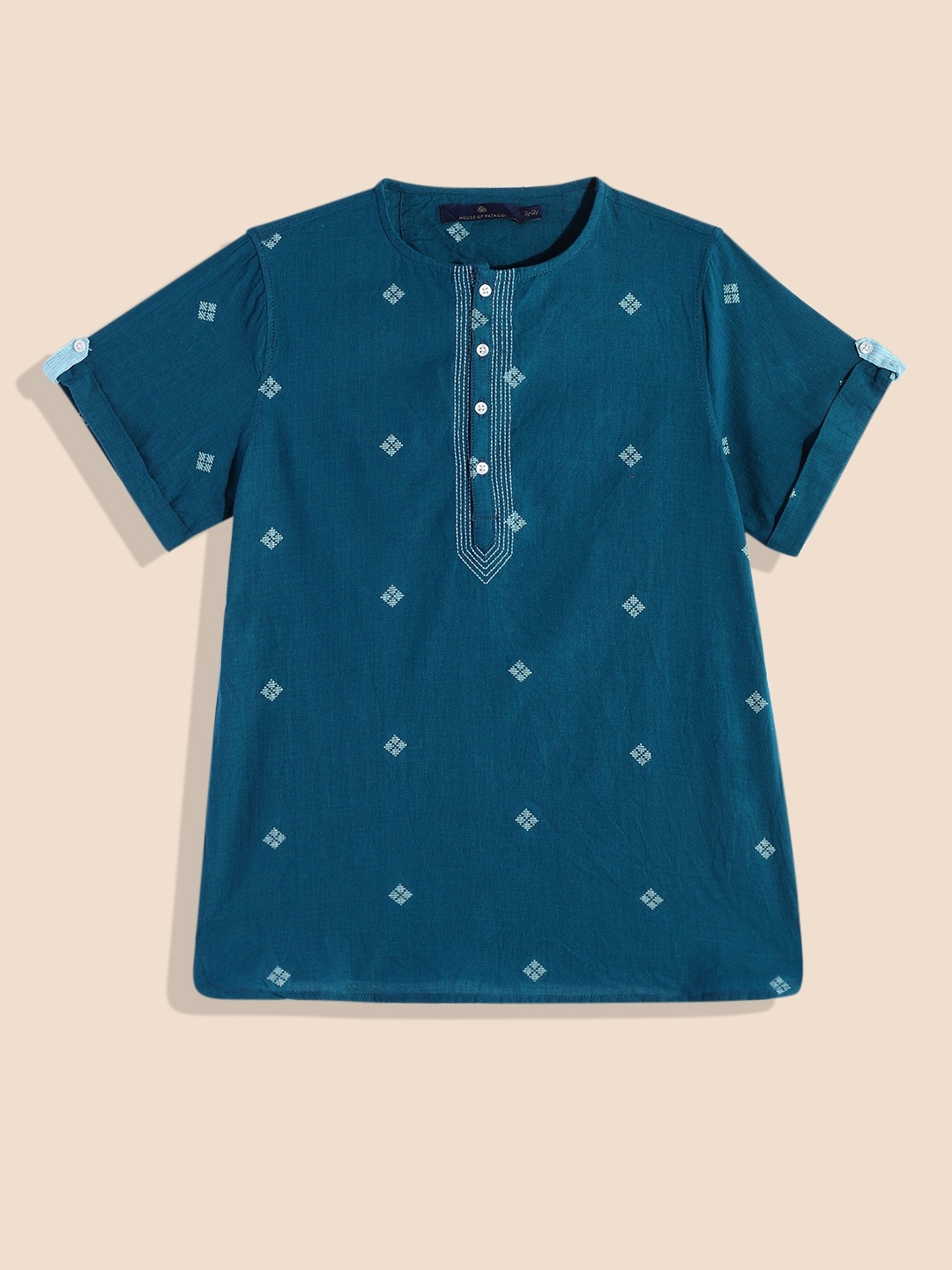 

House of Pataudi Boys Teal Geometric Printed Pure Cotton Kurta