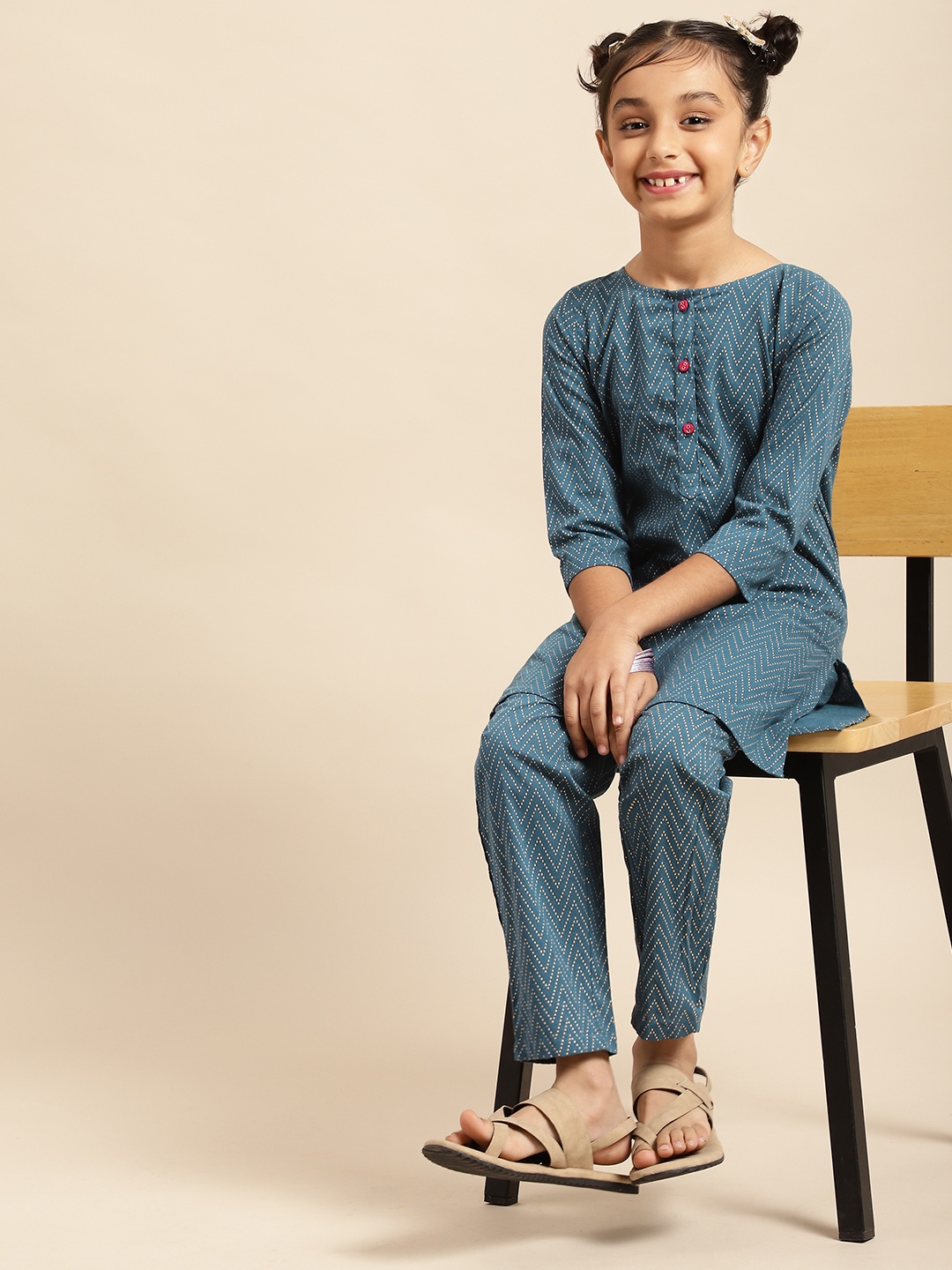 

House of Pataudi Girls Printed Pure Cotton Kurta with Trousers, Teal