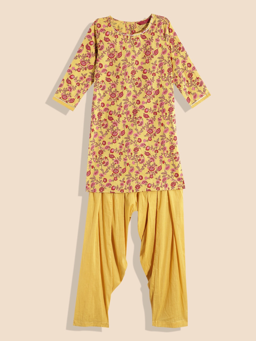 

House of Pataudi Girls Pure Cotton Ethnic Motifs Print Regular Kurta Set, Yellow