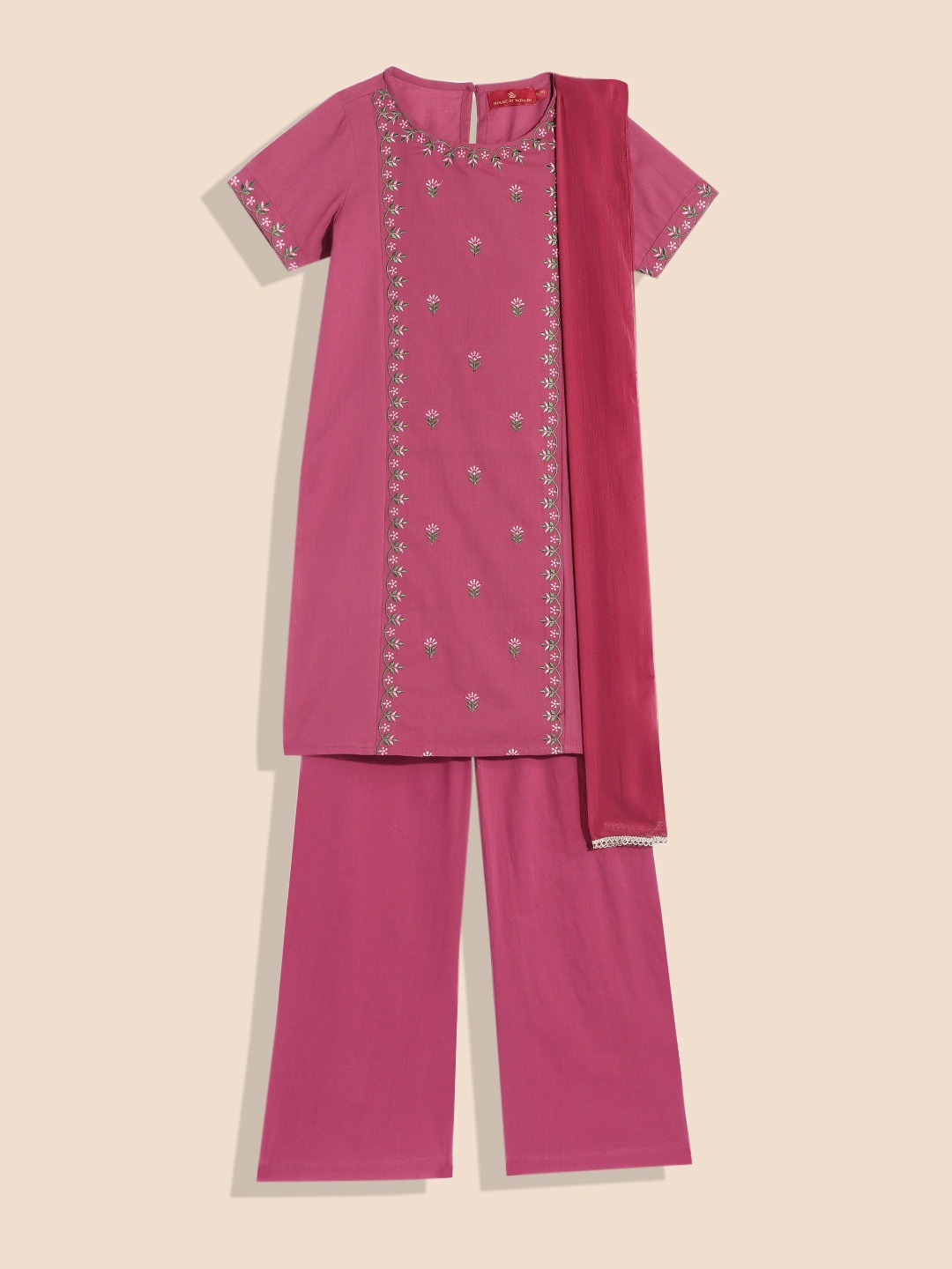 

House of Pataudi Girls Woven Design Pure Cotton Jashn Kurta with Pyjamas & Dupatta, Pink