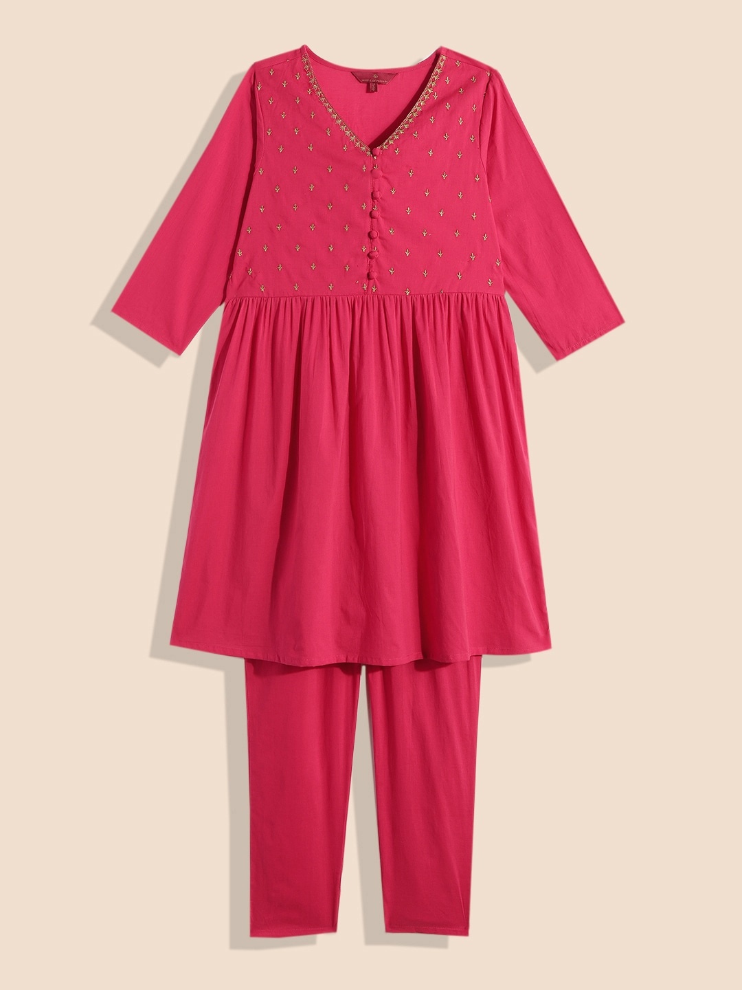 

House of Pataudi Girls Pink Embroidered Pure Cotton Kurta with Trousers