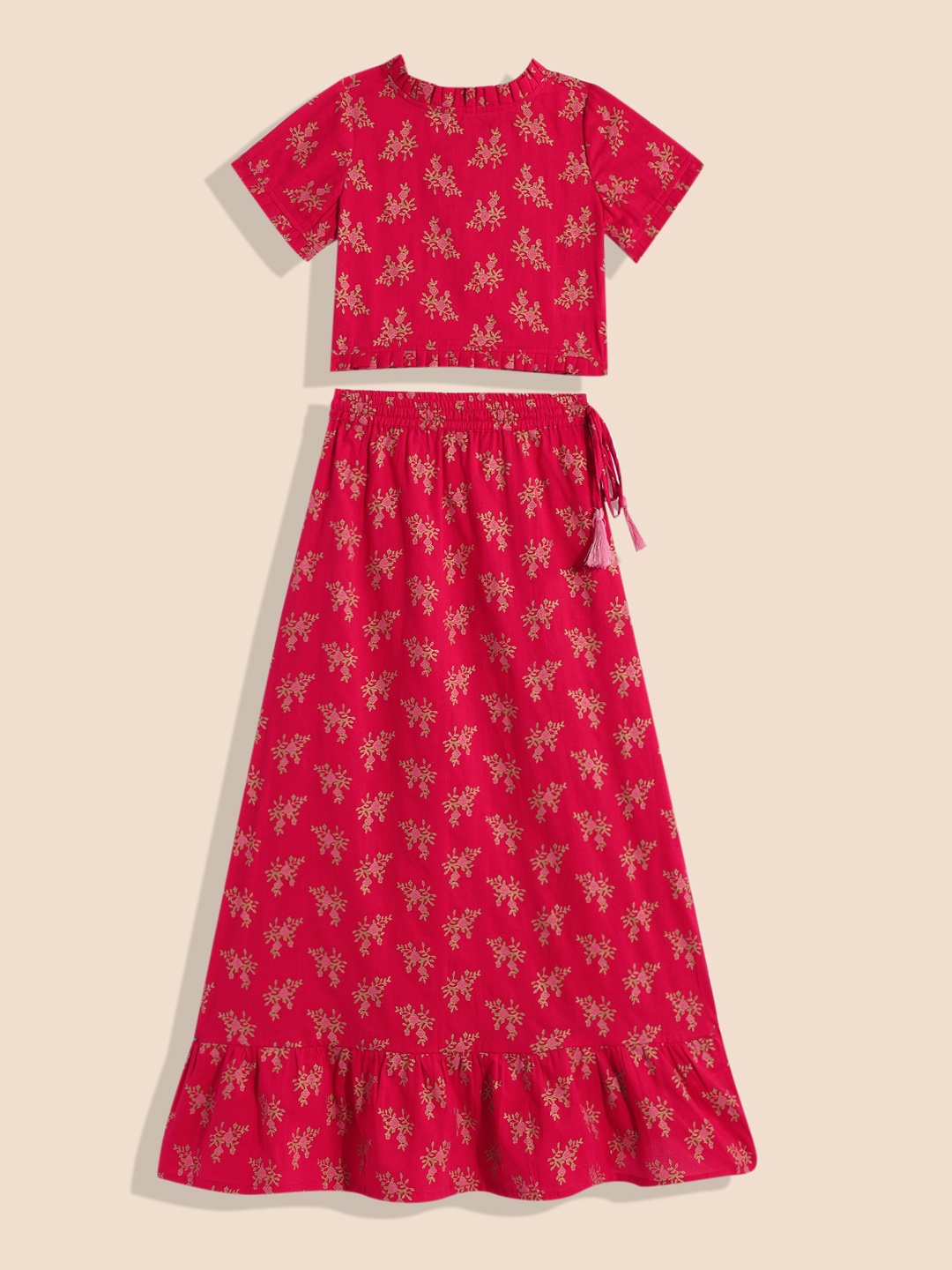 

House of Pataudi Girls Printed Ready to Wear Pure Cotton Lehenga Choli, Red