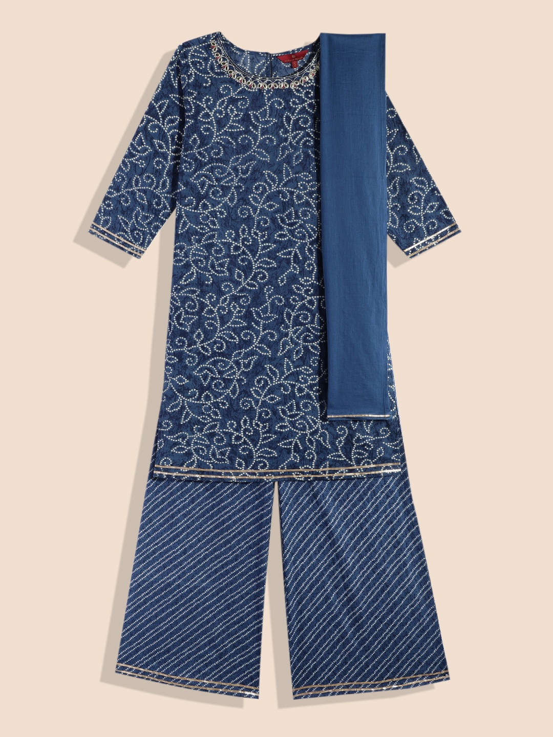 

House of Pataudi Girls Blue Printed Pure Cotton Kurta with Palazzos & With Dupatta
