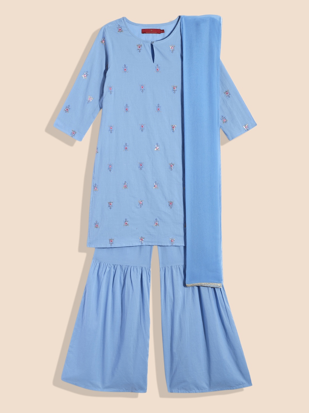 

House of Pataudi Girls Blue Embroidered Kurta with Sharara & Dupatta