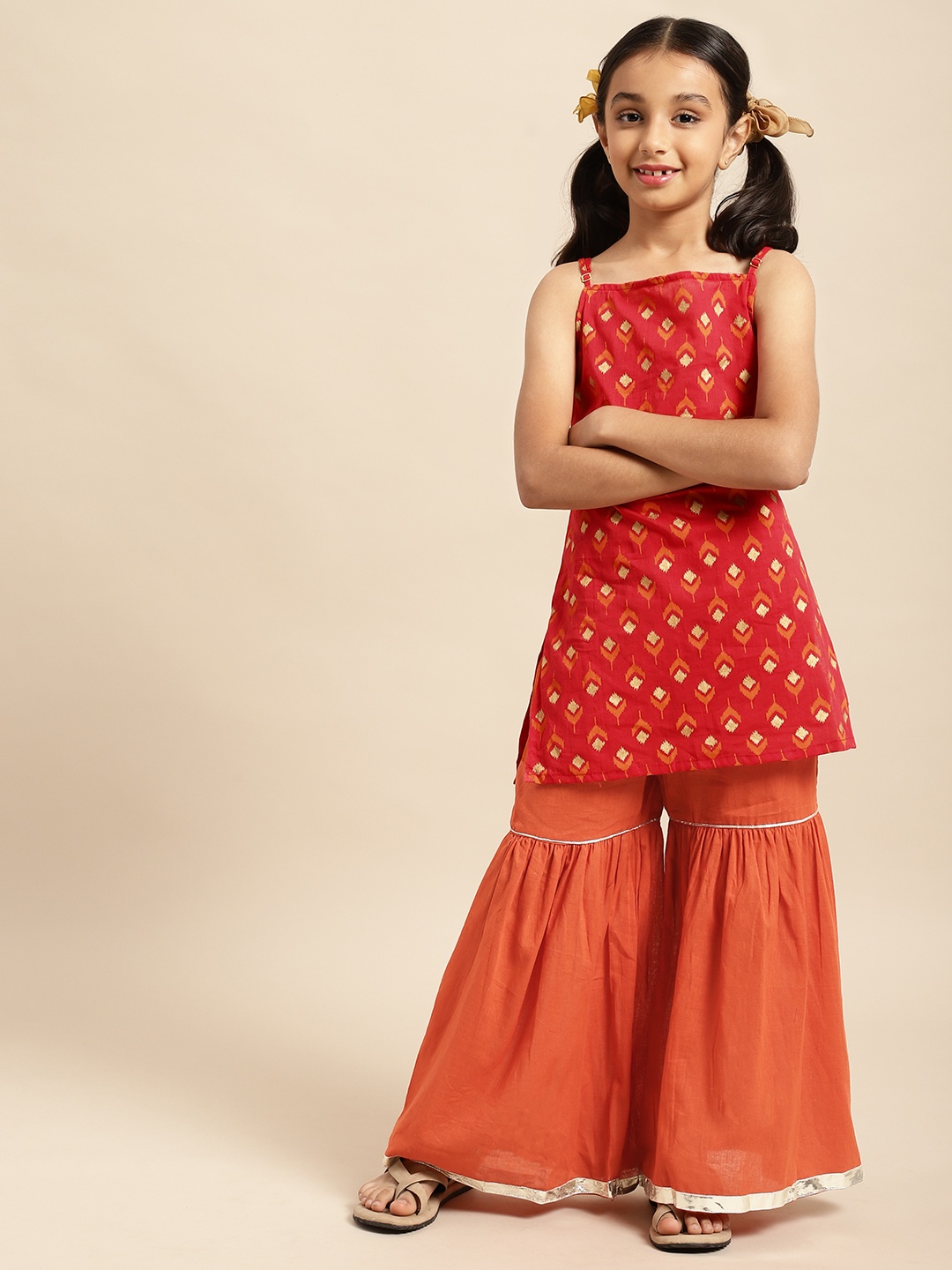 

House of Pataudi Girls Red Ethnic Motifs Printed Pure Cotton Kurta with Sharara
