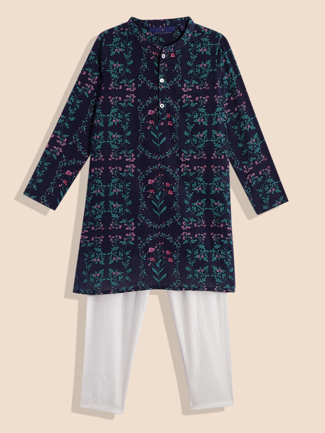 

House of Pataudi Boys Floral Print Mandarin Collar Pure Cotton Rozana Kurta with Pyjamas, Navy blue