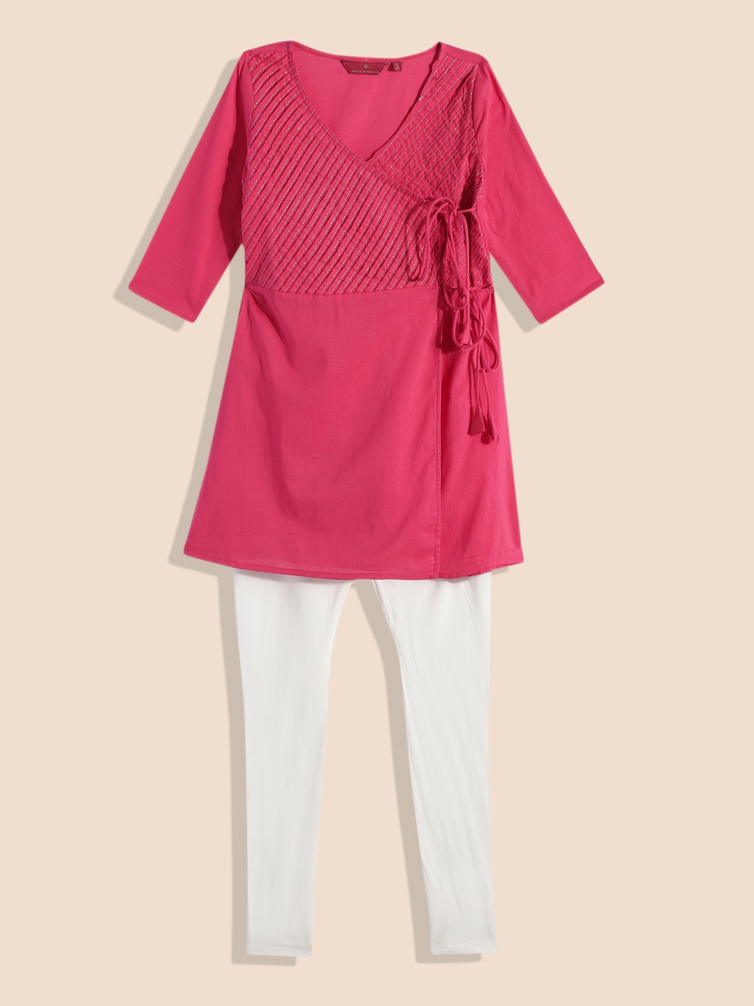 

House of Pataudi Girls Rozana Angrakha Pure Cotton Kurta with Trousers, Pink