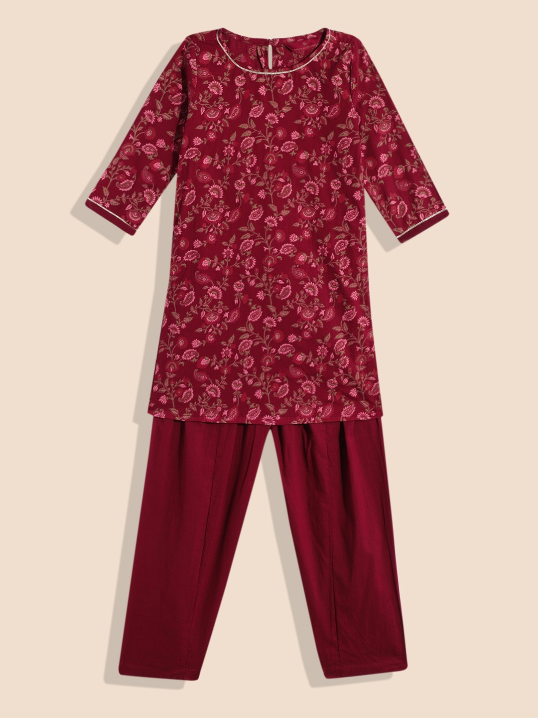 

House of Pataudi Girls Pure Cotton Kurta Set, Maroon