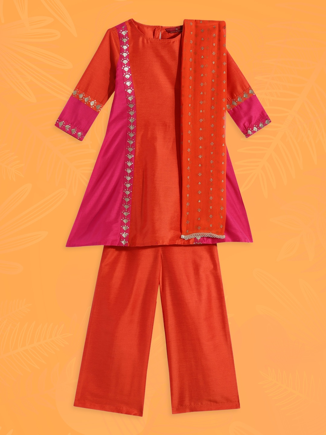 

House of Pataudi Girls Orange & Magenta Pink Ethnic Motif Sequinned Jashn Kurta & Palazzos