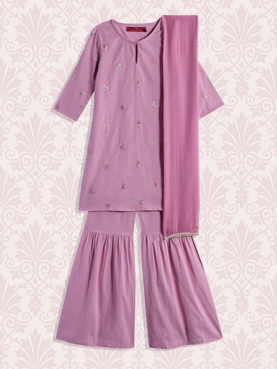 

House of Pataudi Girls Pink Embroidered Pure Cotton Kurta with Palazzos & With Dupatta