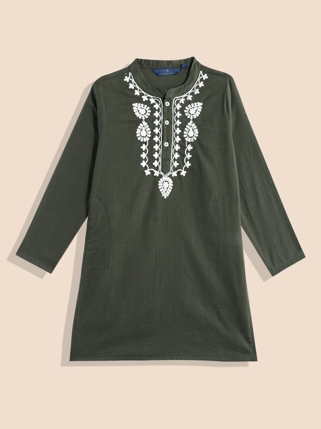 

House of Pataudi Boys Embroidered Pure Cotton Kurta, Olive