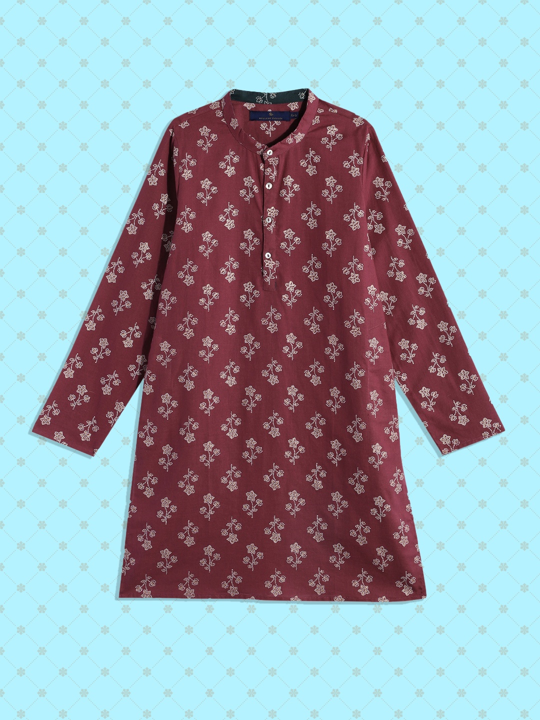 

House of Pataudi Boys Maroon Floral Printed Pure Cotton Kurta