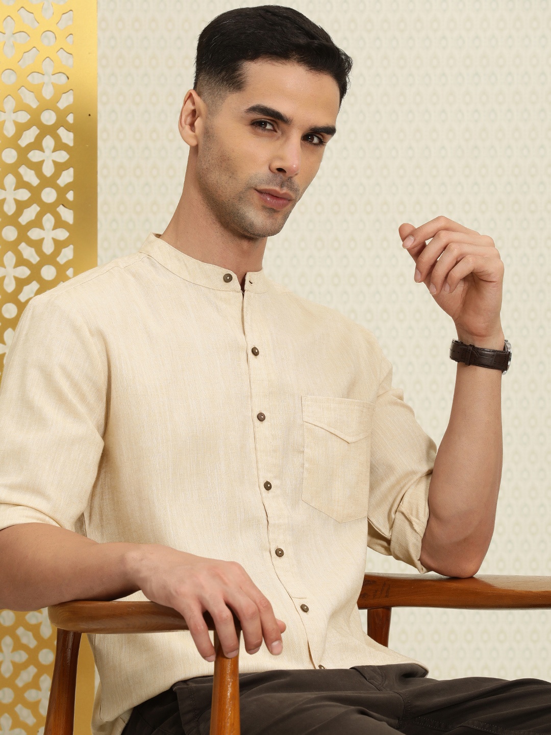 

House of Pataudi Rozana Textured Band Collar Roll-Up Sleeves Casual Shirt, Beige