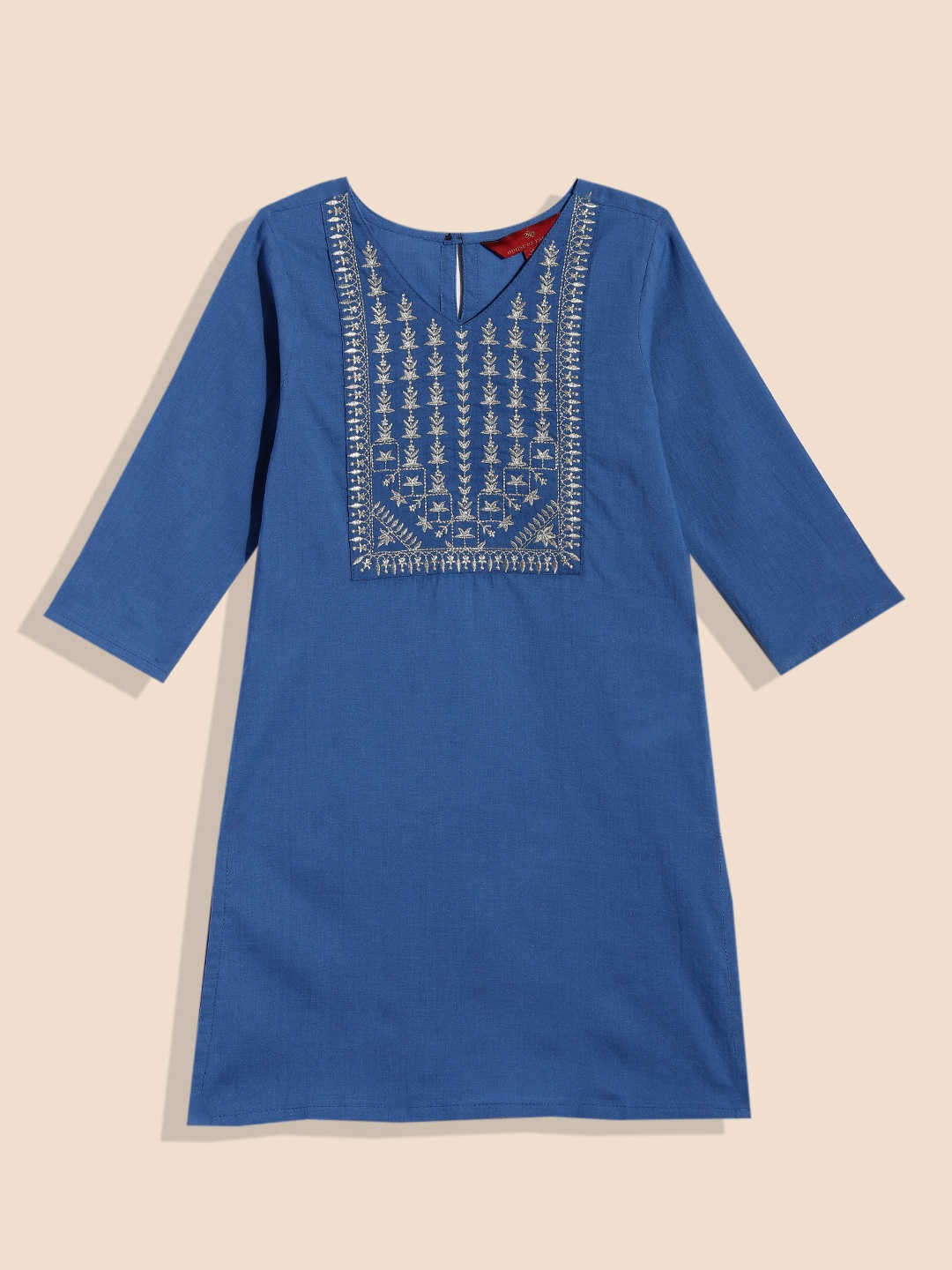 

House of Pataudi Girls Blue Ethnic Motifs Yoke Design Pure Cotton Kurta