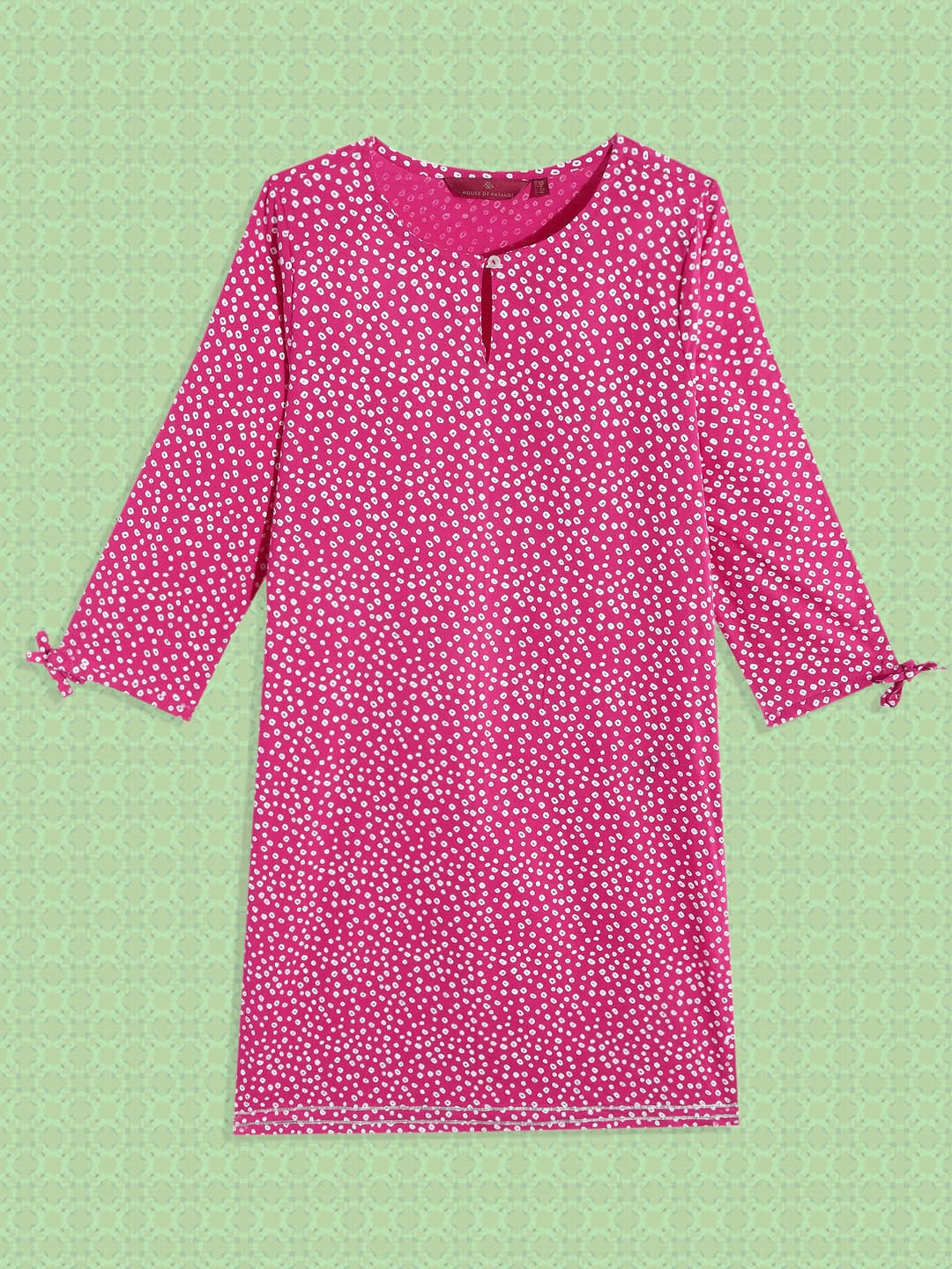 

House of Pataudi Teen Girls Pink & White Bandhani Printed Jashn Cotton Straight Kurta