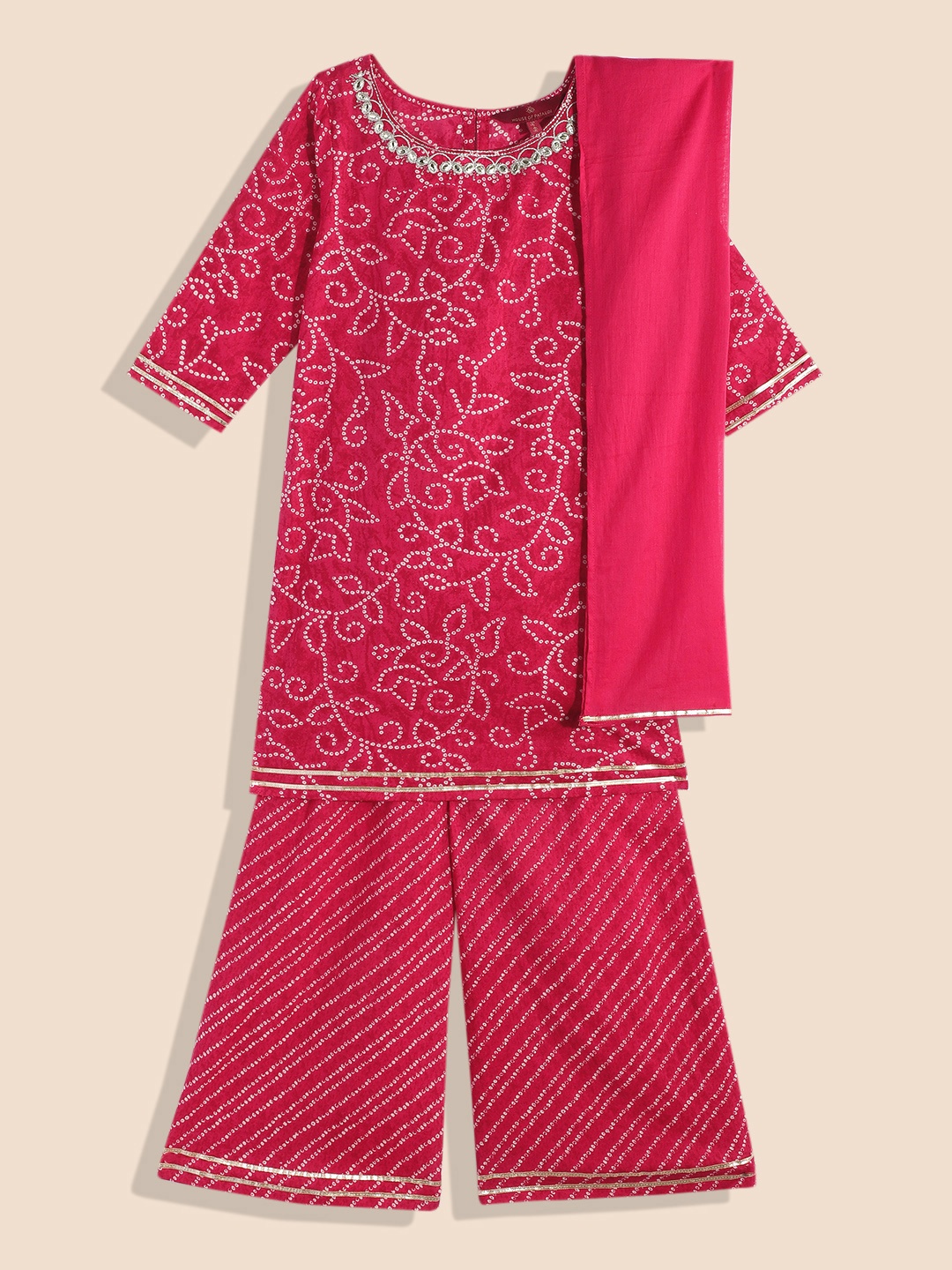 

House of Pataudi Girls Pink Printed Pure Cotton Kurta with Palazzos & Dupatta