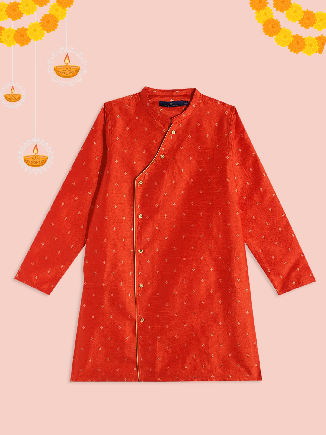 

House of Pataudi Boys Coral Red Ethnic Motifs Printed Kurta