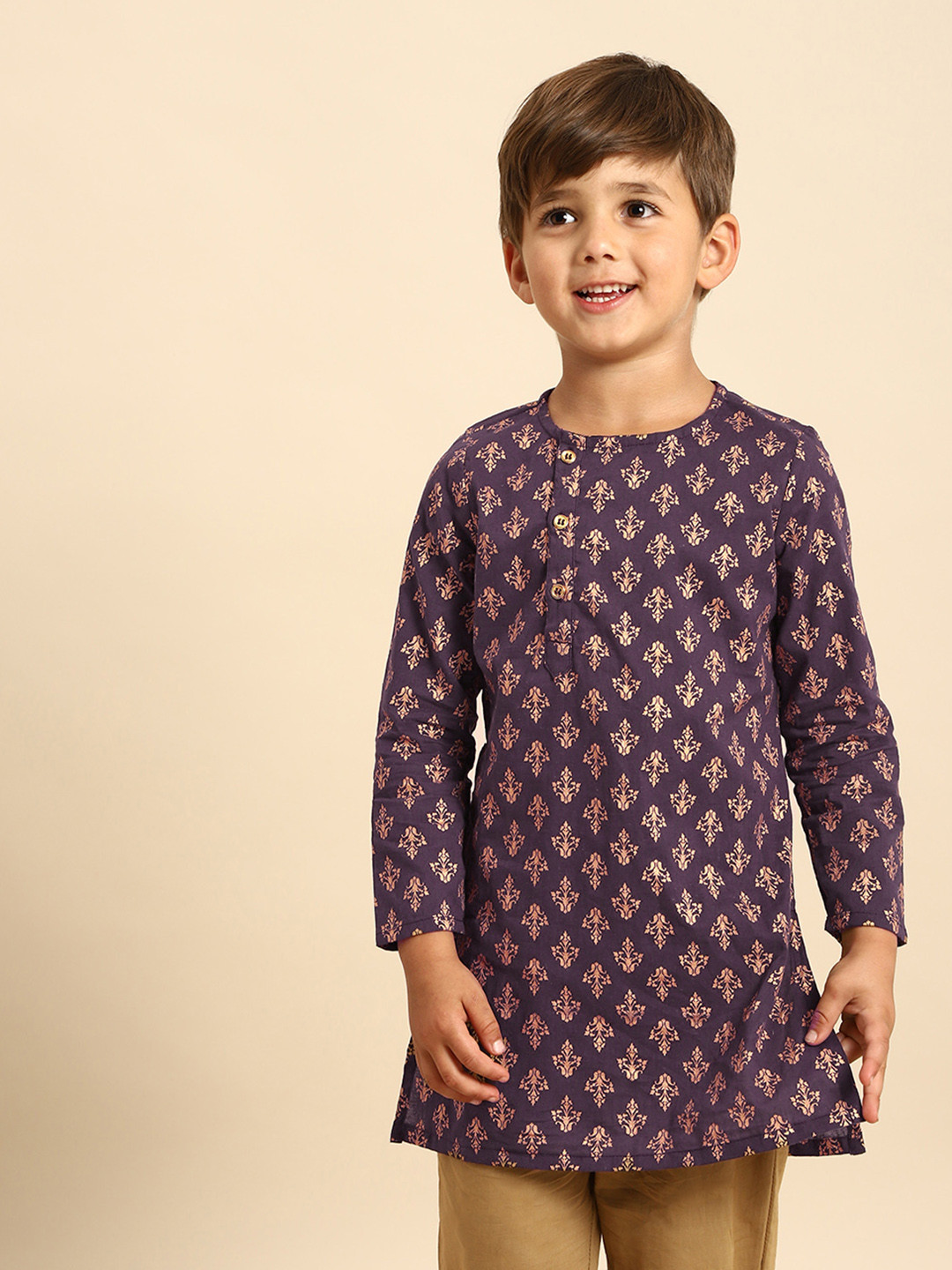 

House of Pataudi Boys Pure Cotton Ethnic Motifs Printed Kurta, Purple