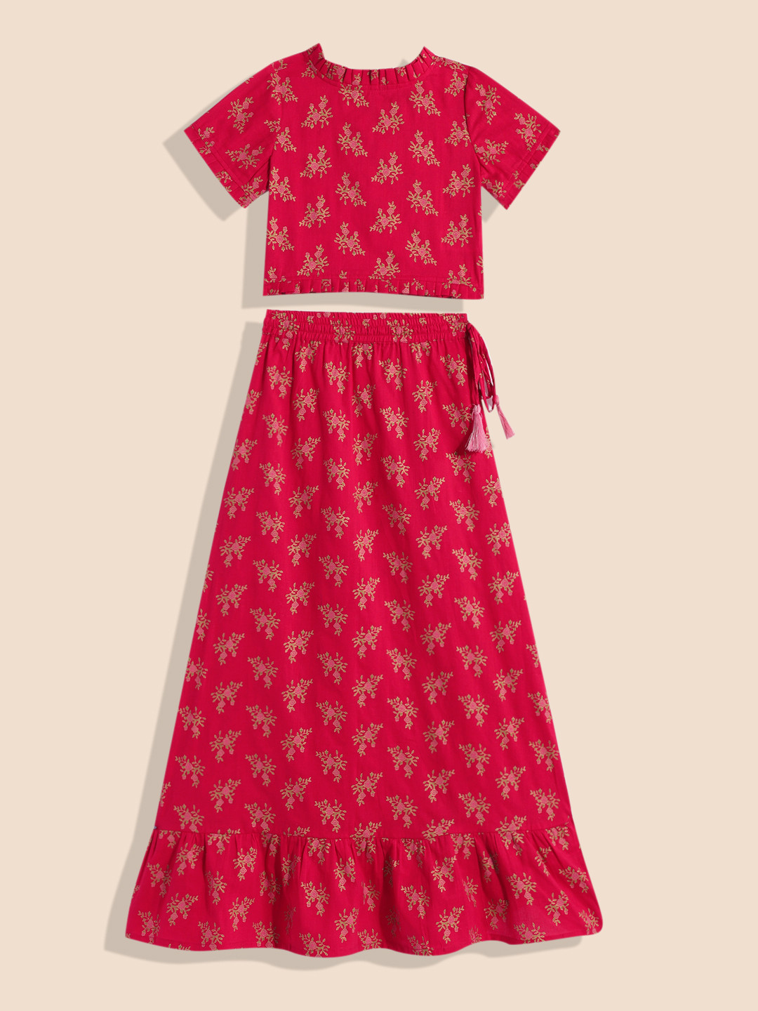 

House of Pataudi Girls Printed Ready to Wear Pure Cotton Lehenga Choli, Red