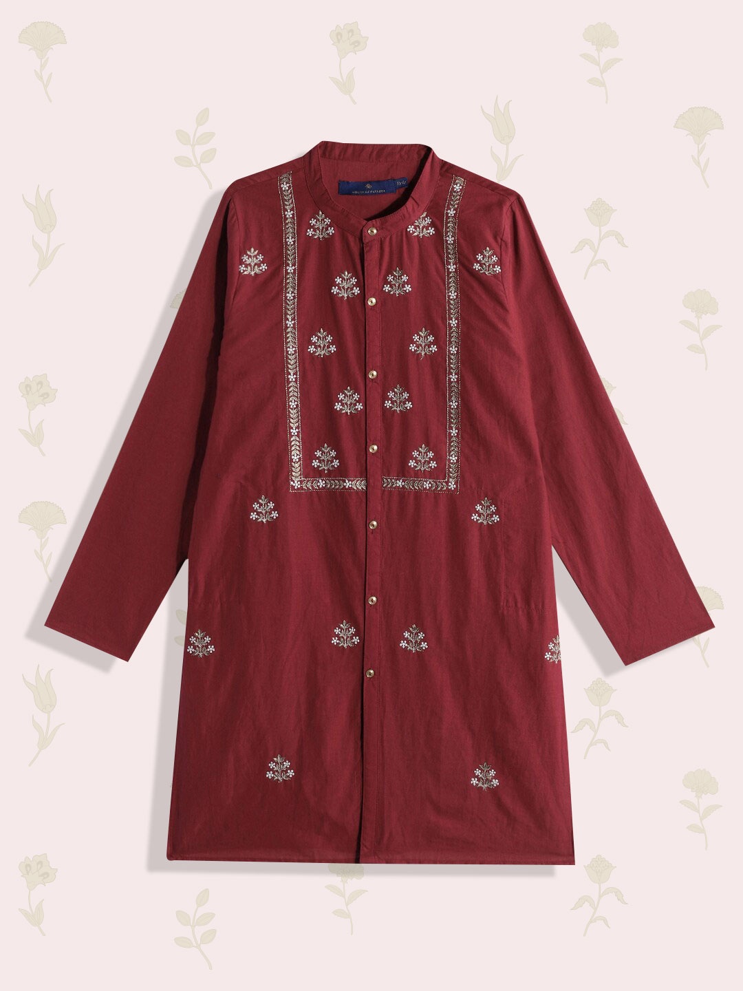 

House of Pataudi Boys Maroon Embroidered Rozana Pure Cotton Kurta