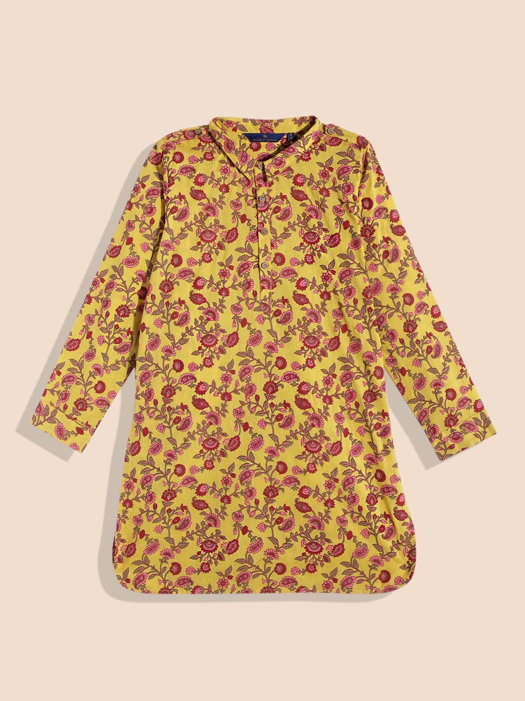 

House of Pataudi Boys Pure Cotton Paisley Printed Pathani Kurta, Yellow