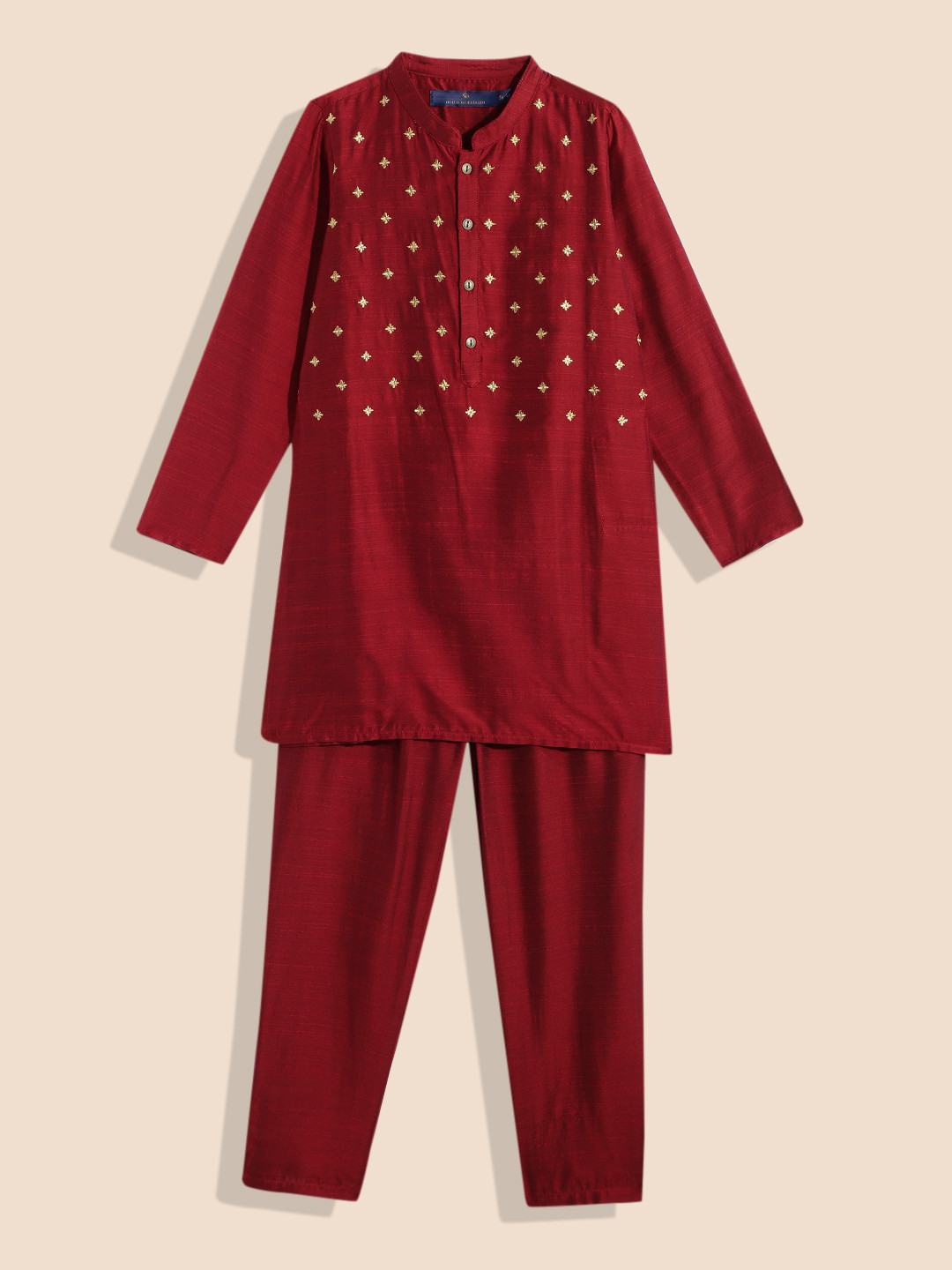 

House of Pataudi Boys Maroon Embroidered Kurta with Trousers