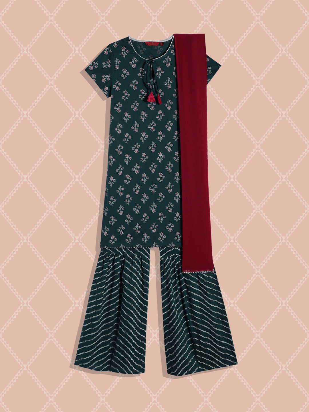 

House of Pataudi Girls Green Bandhani Printed Pure Cotton Kurta with Sharara & Dupatta