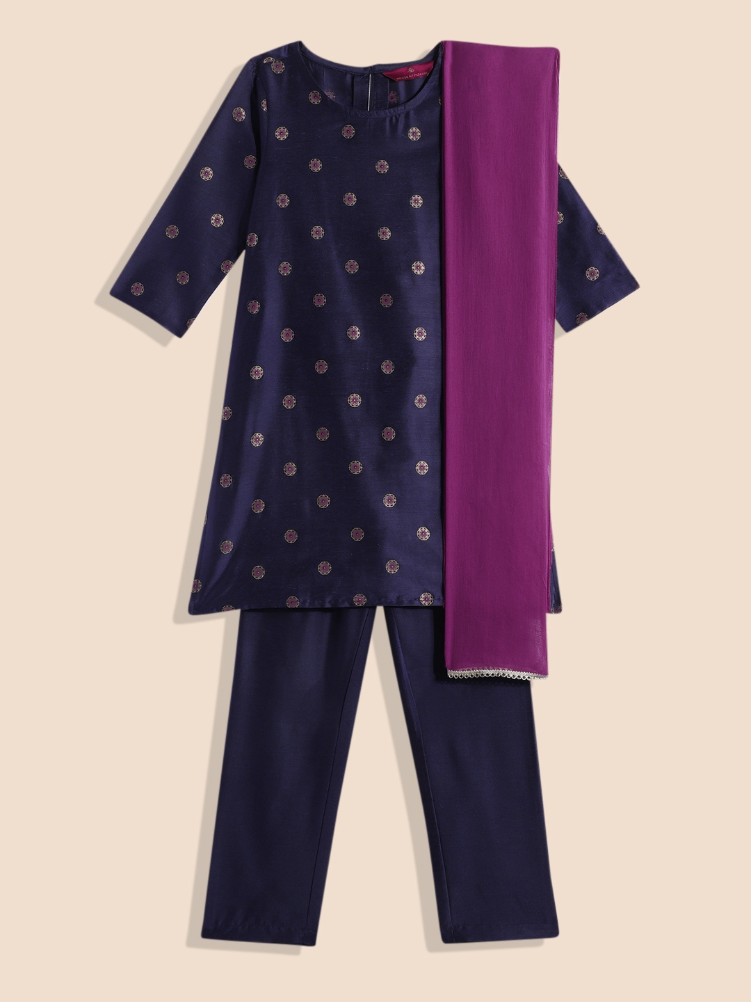 

House of Pataudi Girls Navy Blue Ethnic Motifs Printed Kurta with Trousers & Dupatta Set