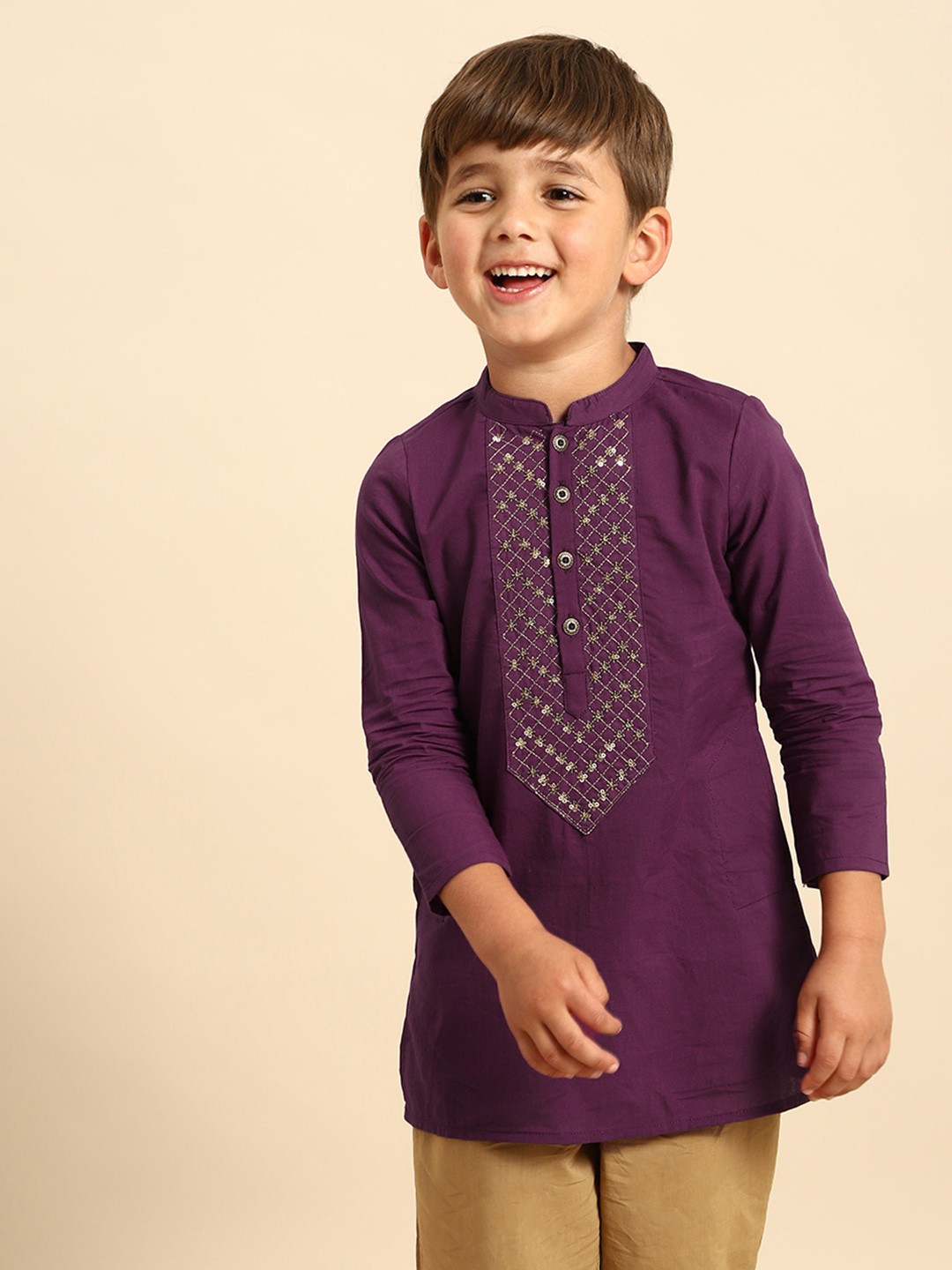 

House of Pataudi Boys Purple Embellished Pure Cotton Kurta