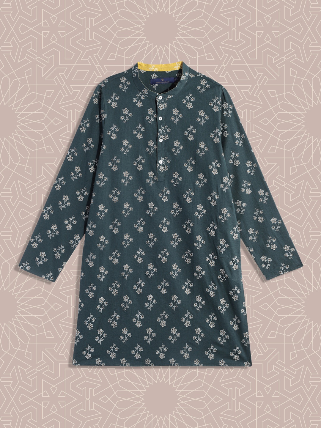 

House of Pataudi Boys Green Floral Printed Pure Cotton Kurta