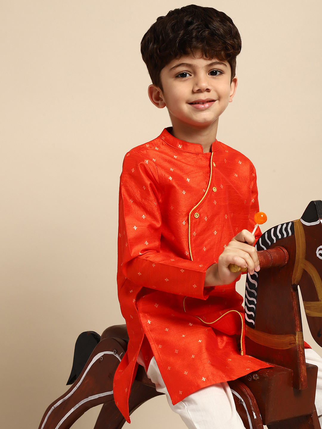 

House of Pataudi Boys Rust Ethnic Motifs Printed Kurta