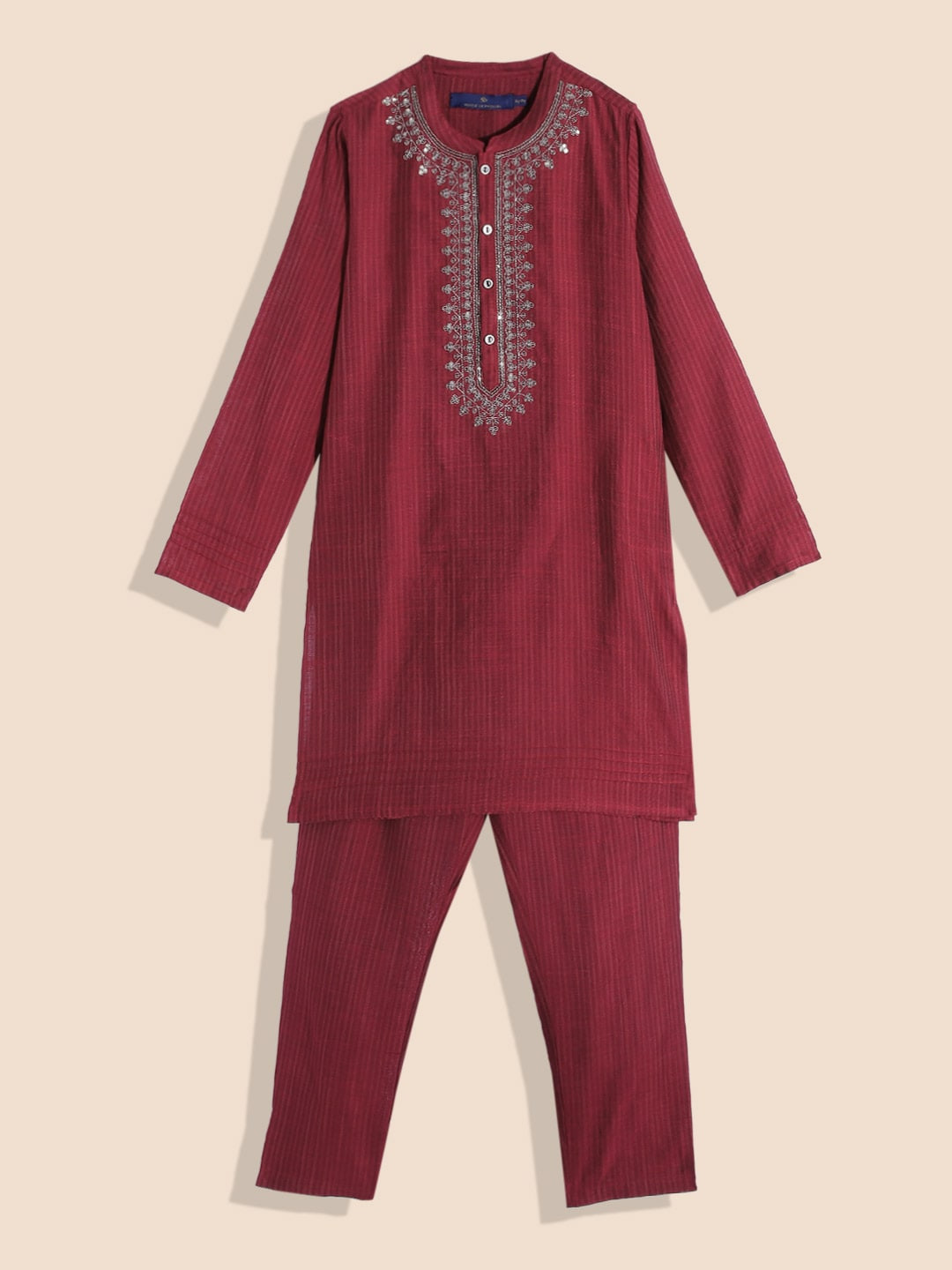 

House of Pataudi Boys Striped Sequinned Yoke Design Kurta with Trousers, Maroon