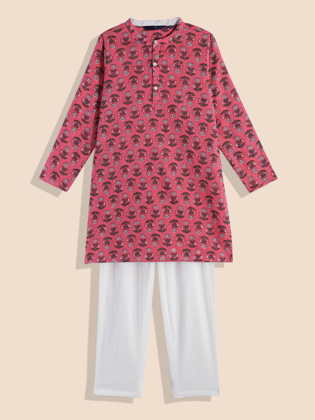

House of Pataudi Boys Printed Pure Cotton Kurta with Pyjamas, Pink