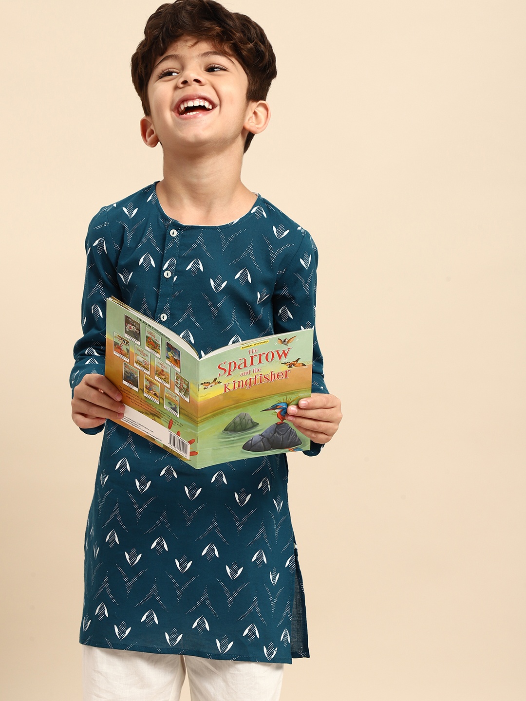 

House of Pataudi Boys Teal Blue & White Ethnic Motifs Printed Pure Cotton Kurta