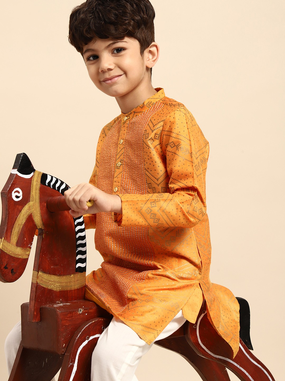 

House of Pataudi Boys Orange Thread Work Kurta