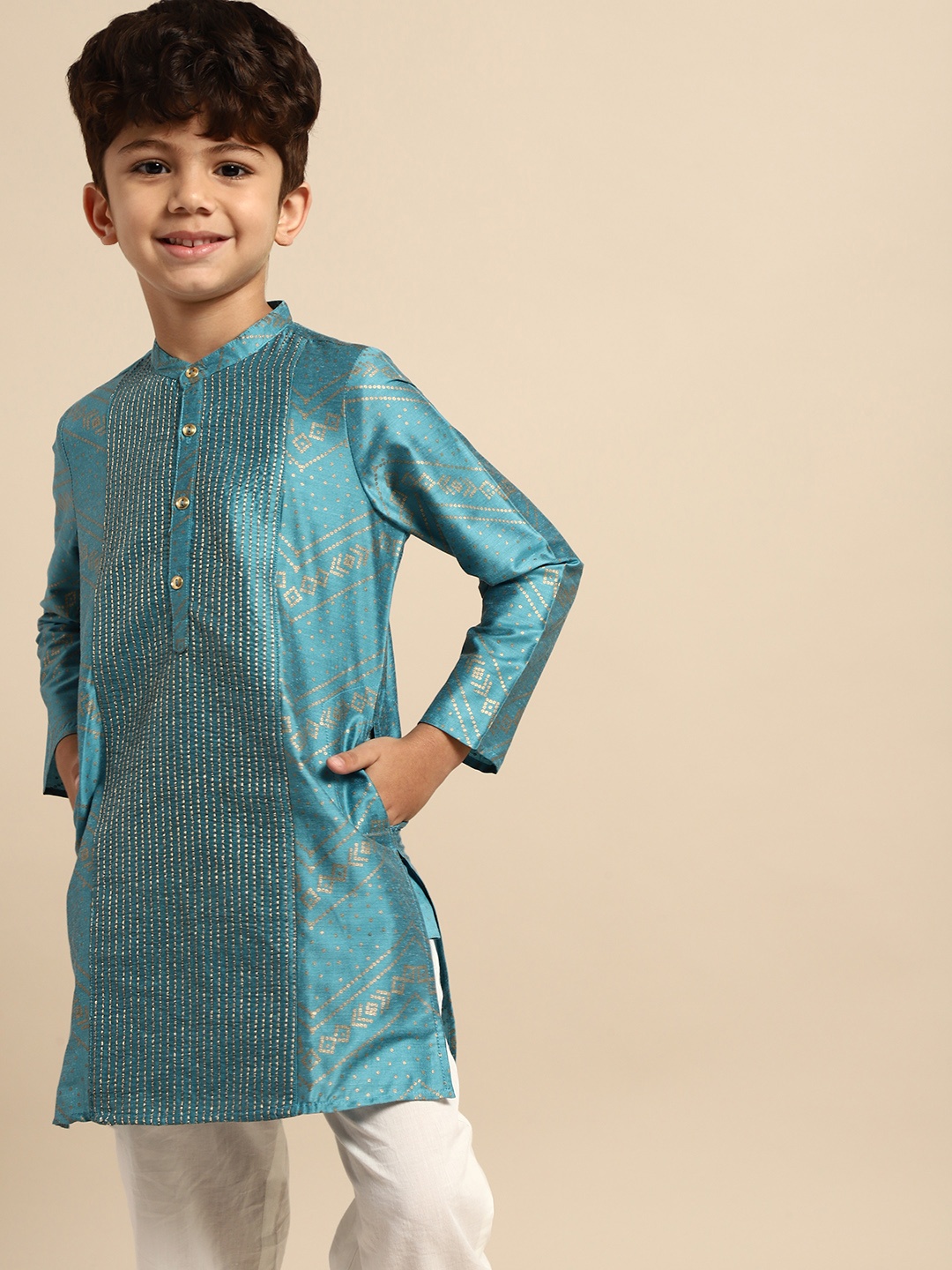 

House of Pataudi Boys Blue Thread Work Kurta