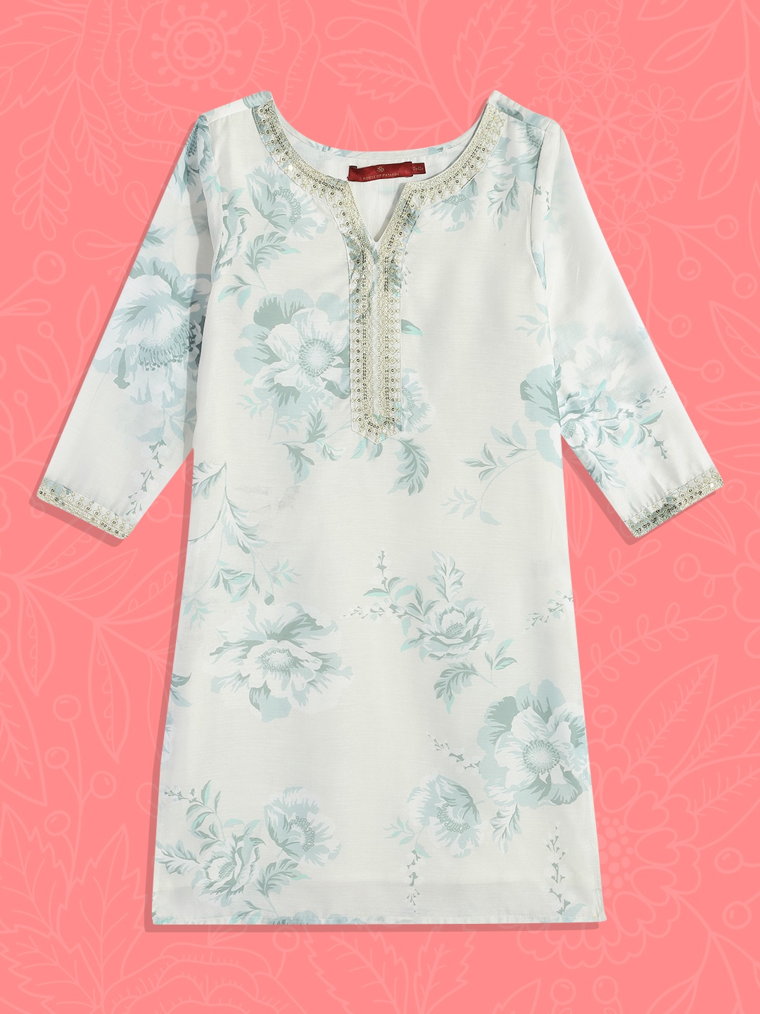 

House of Pataudi Girls White Floral Printed Floral Kurta