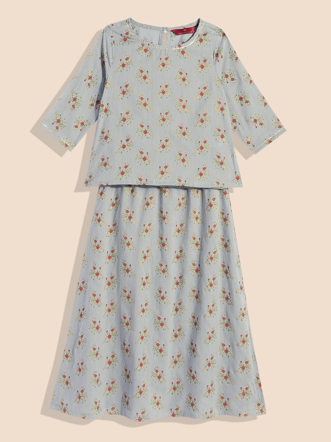

House of Pataudi Girls Floral Print Gotta Patti Pure Cotton Kurti with Skirt, Grey