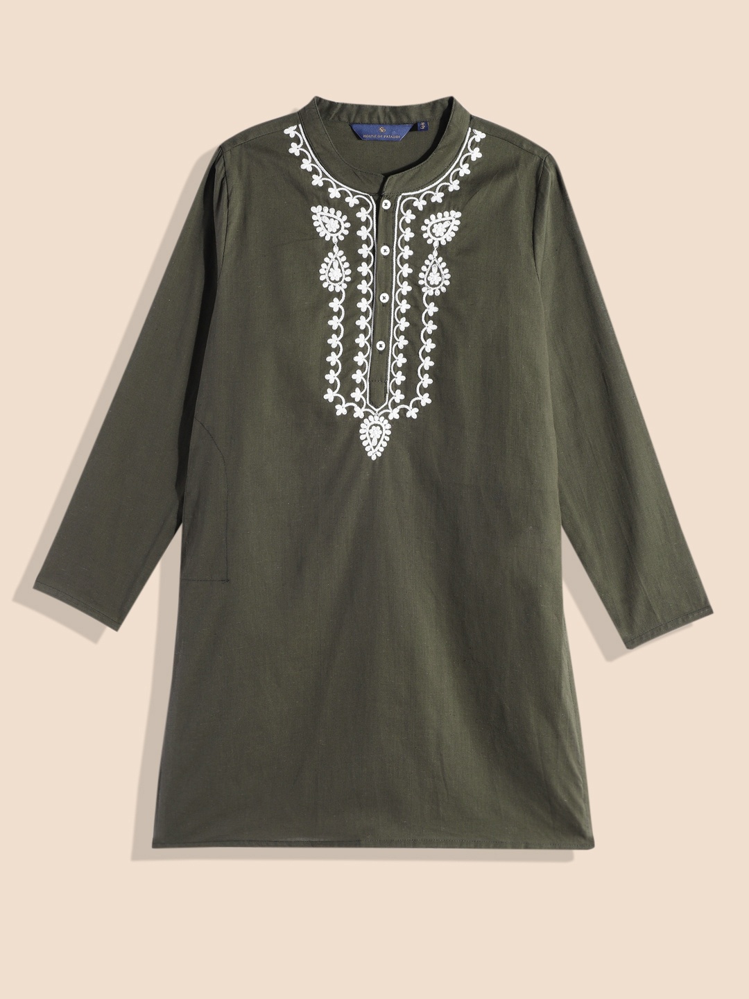 

House of Pataudi Boys Embroidered Pure Cotton Kurta, Olive