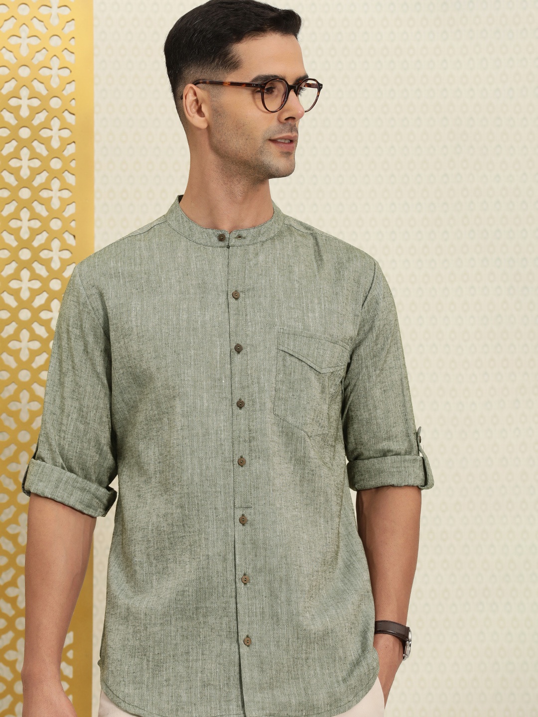 

House of Pataudi Rozana Textured Band Collar Roll-Up Sleeves Casual Shirt, Olive