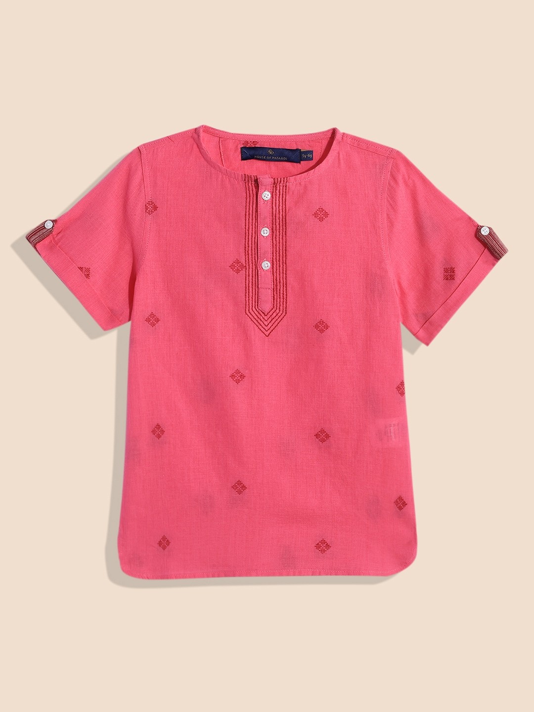 

House of Pataudi Boys Embroidered Pure Cotton Kurta, Pink