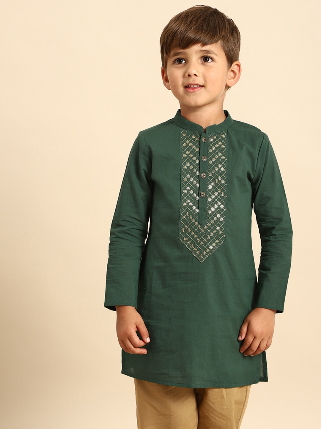 

House of Pataudi Boys Green Embellished Kurta