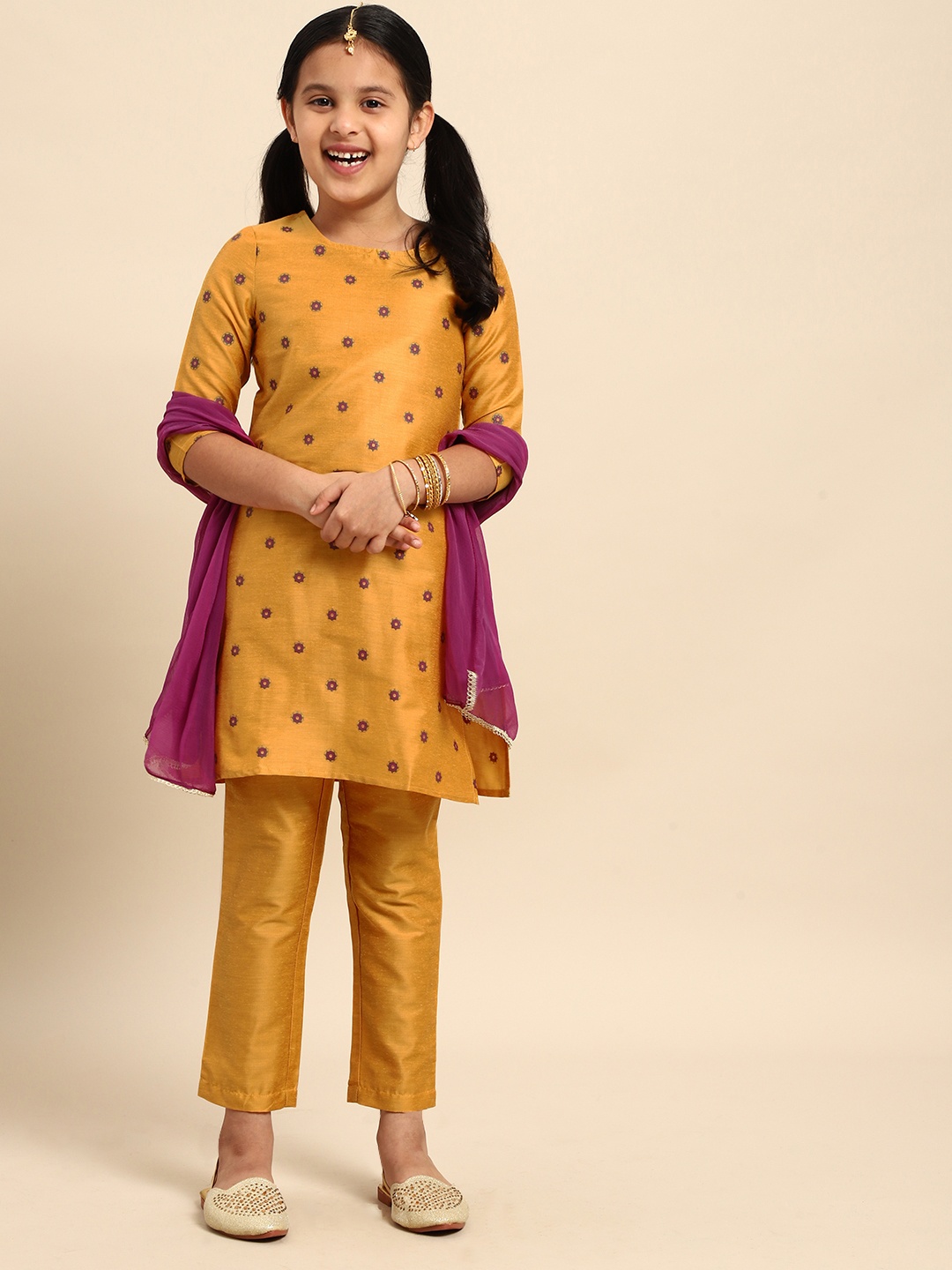 

House of Pataudi Girls Mustard Yellow Printed Kurta with Trousers & Dupatta Set